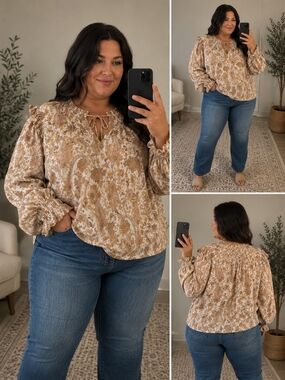 INC International Concepts Flowy Lightweight Paisley Peasant Blouse  Brown XL